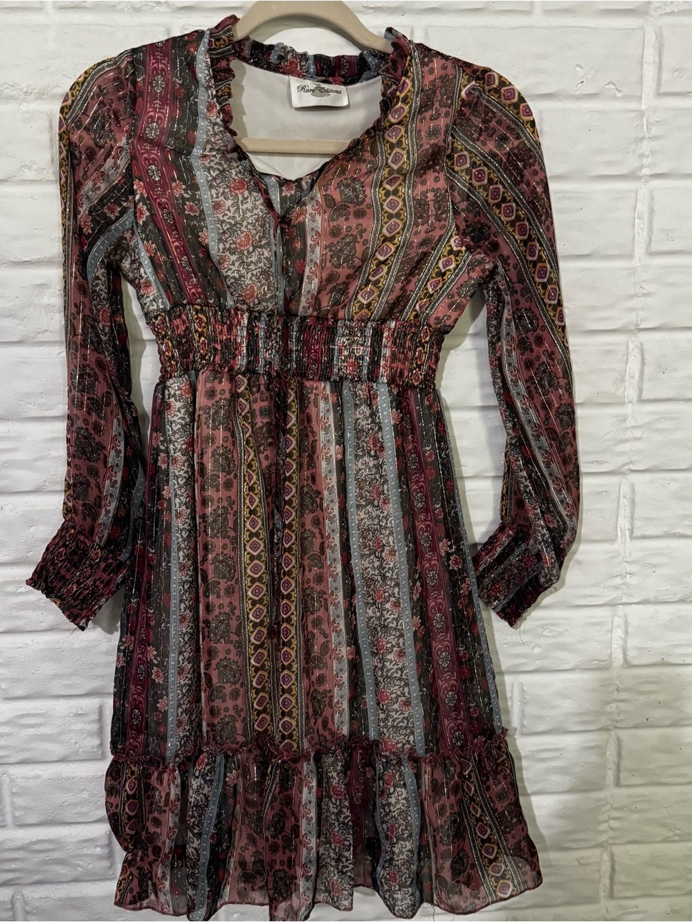 Rare Editions Dress Girls 16 Pink Blue Patchwork Chiffon Type Ruched Boho